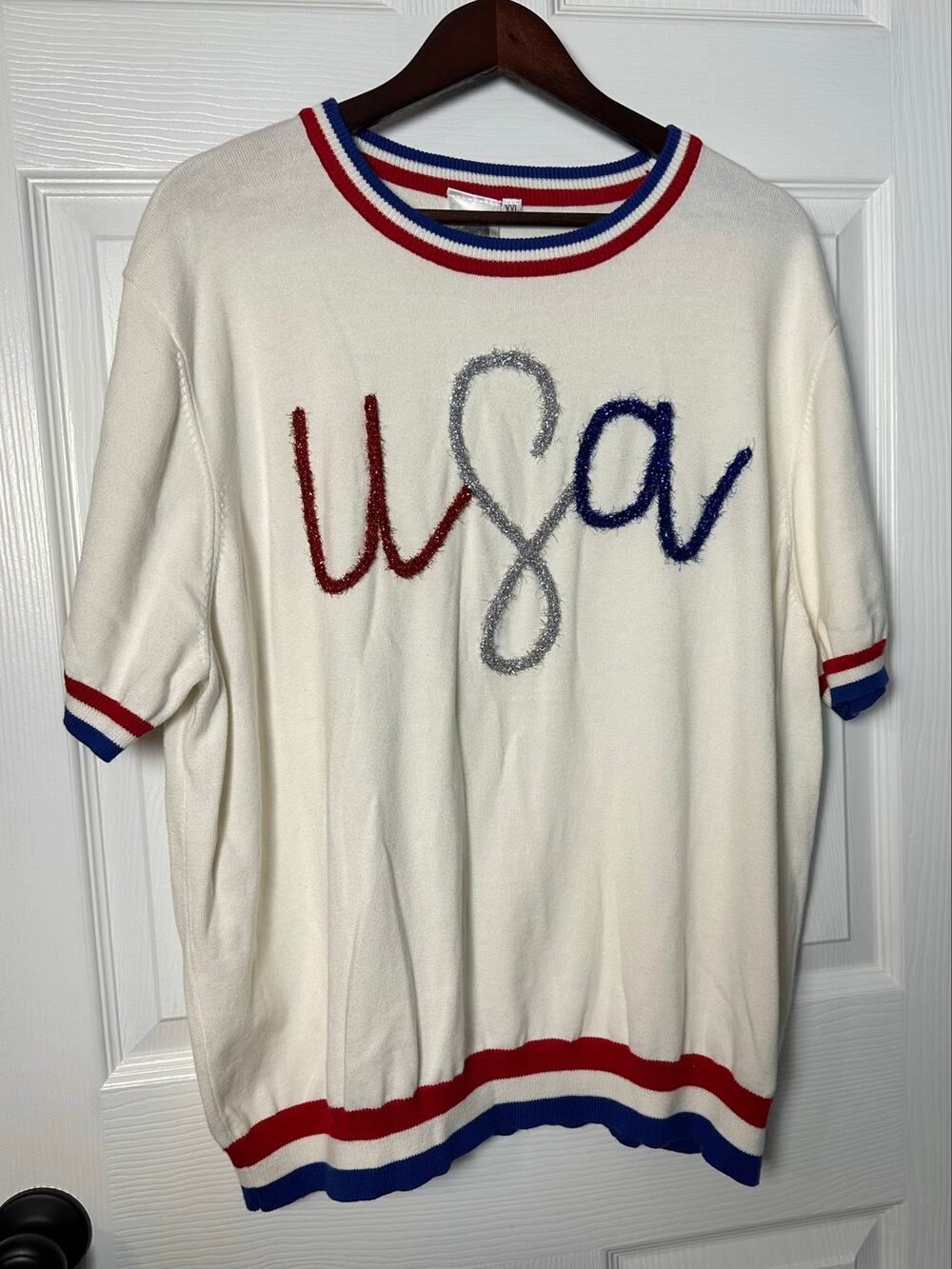 Queen of Sparkles USA Short Sleeve Sweater XXL White striped sparkle letters